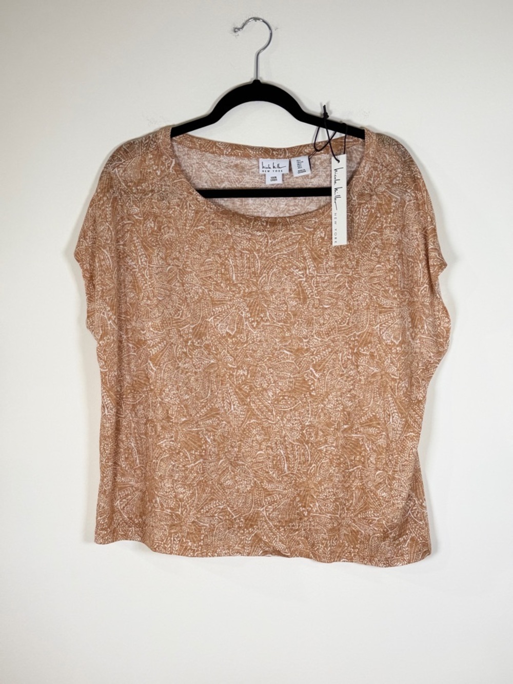 Nicole Miller Tan Paisley-Print Short Sleeve Top